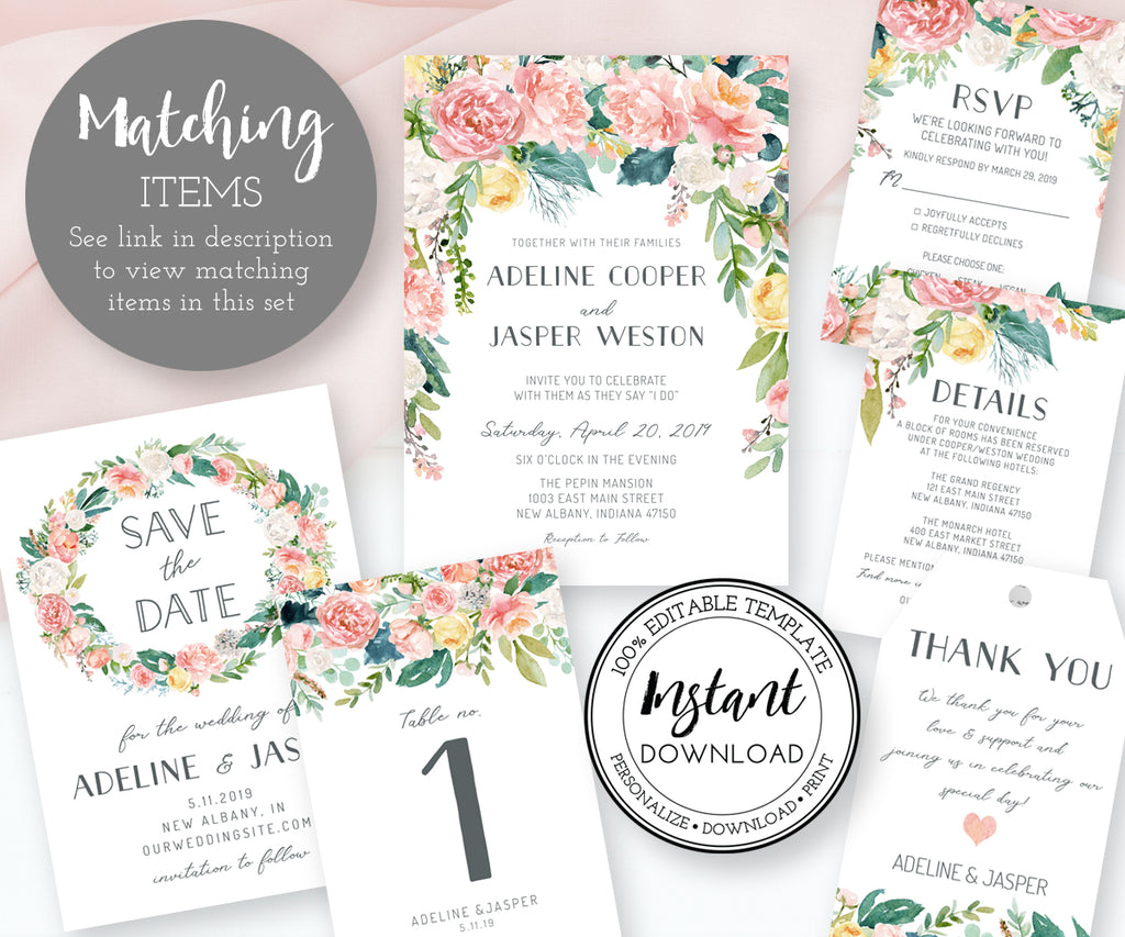 Floral Wedding Welcome Sign matching items, Wedding printables