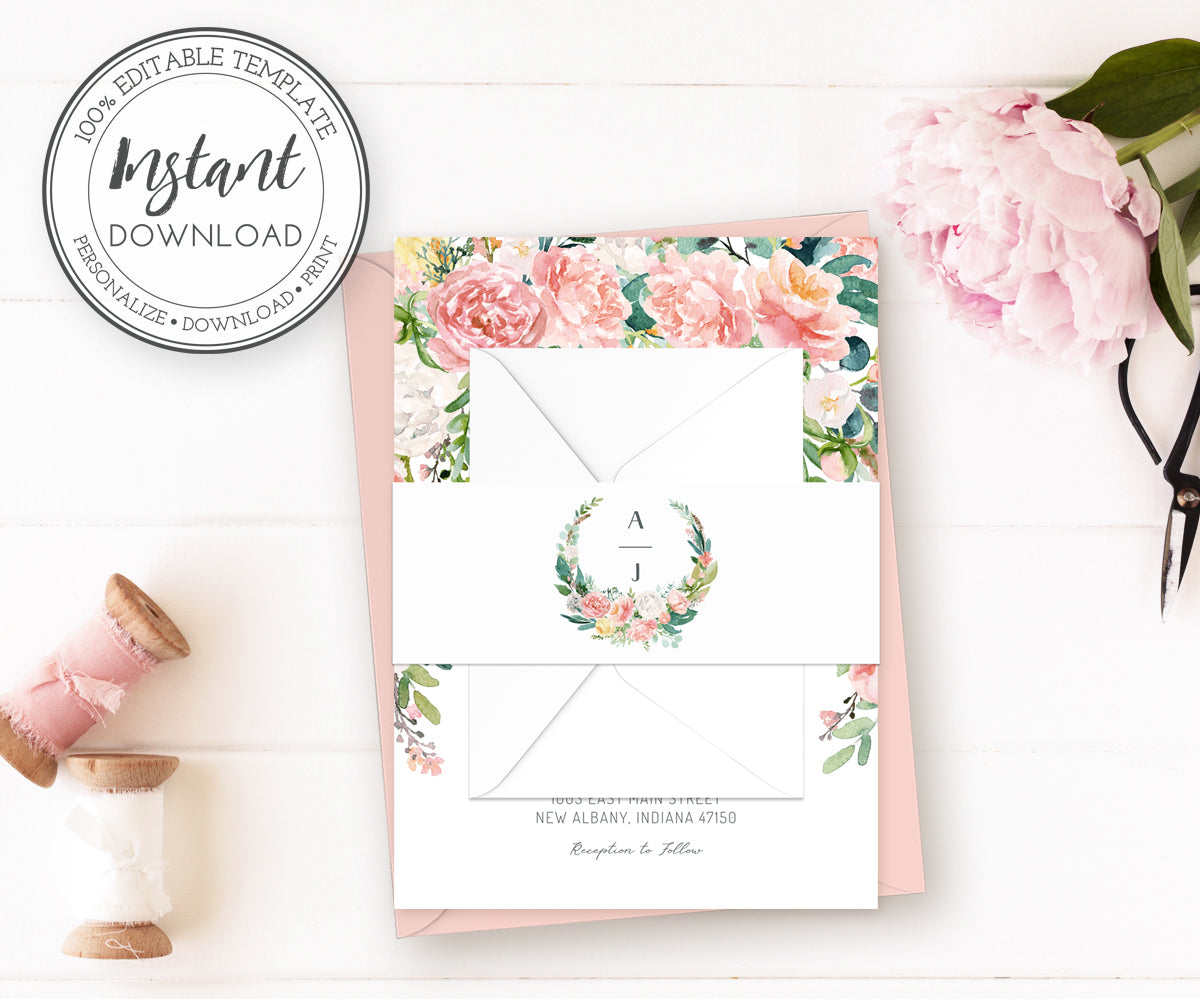 Pink blush floral wedding invitation wrap, invitation belly band, editable template