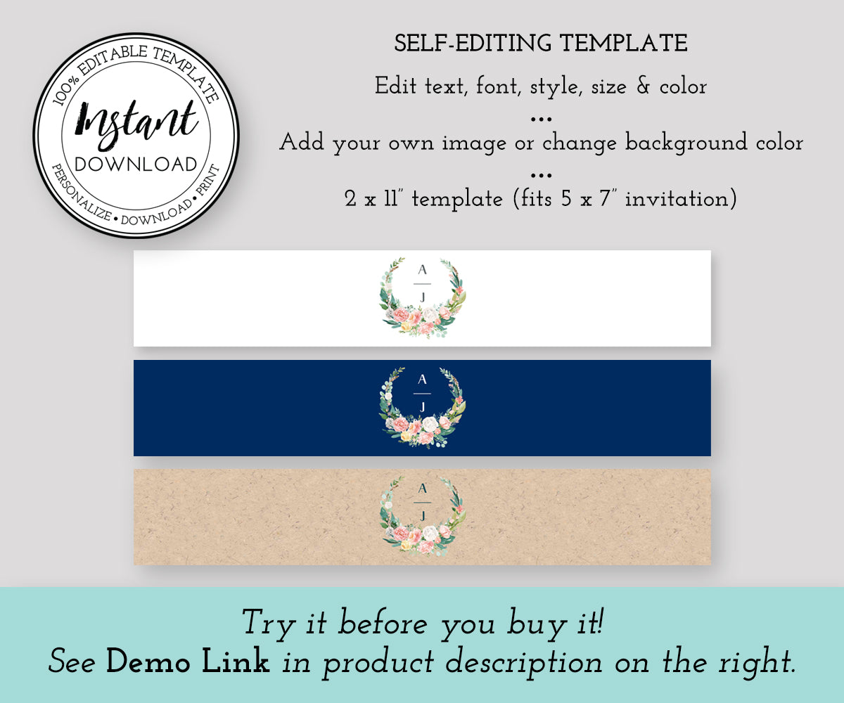Pink blush floral wedding invitation wrap, invitation belly band, editable template