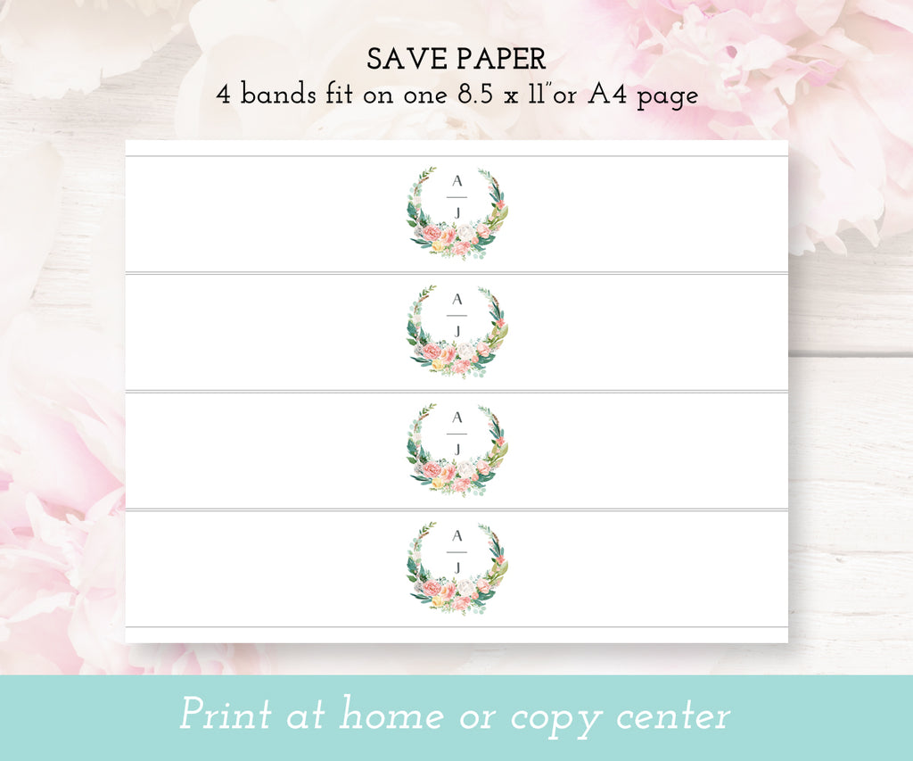 Pink blush floral wedding invitation wrap, invitation belly band, editable template