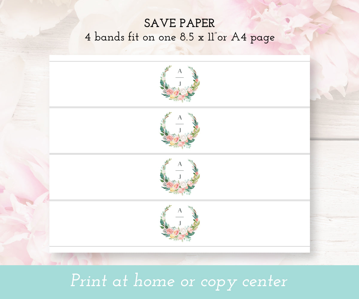 Pink blush floral wedding invitation wrap, invitation belly band, editable template