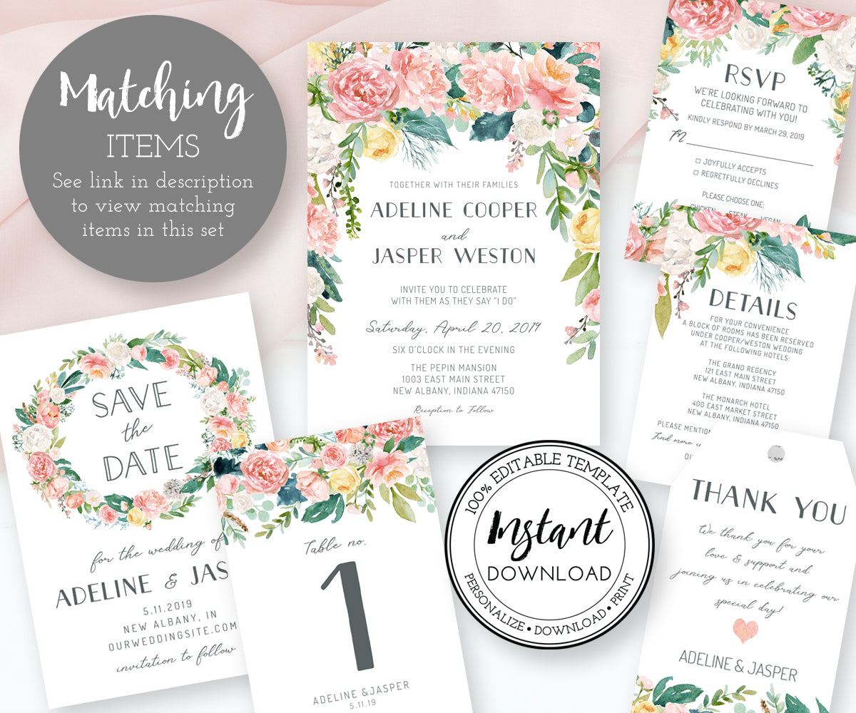 Pink blush floral wedding stationery matching items