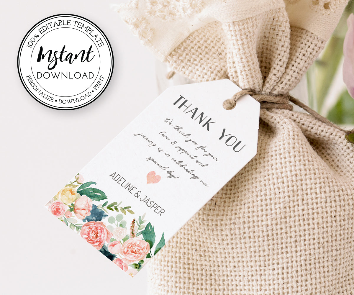 Wedding or bridal shower favor tag design with pink flowers, editable template