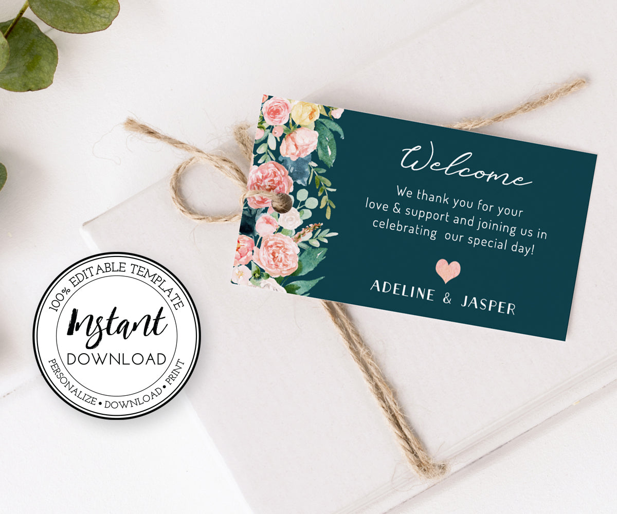 pink flower on dark green, editable wedding or bridal shower favor tag editable template