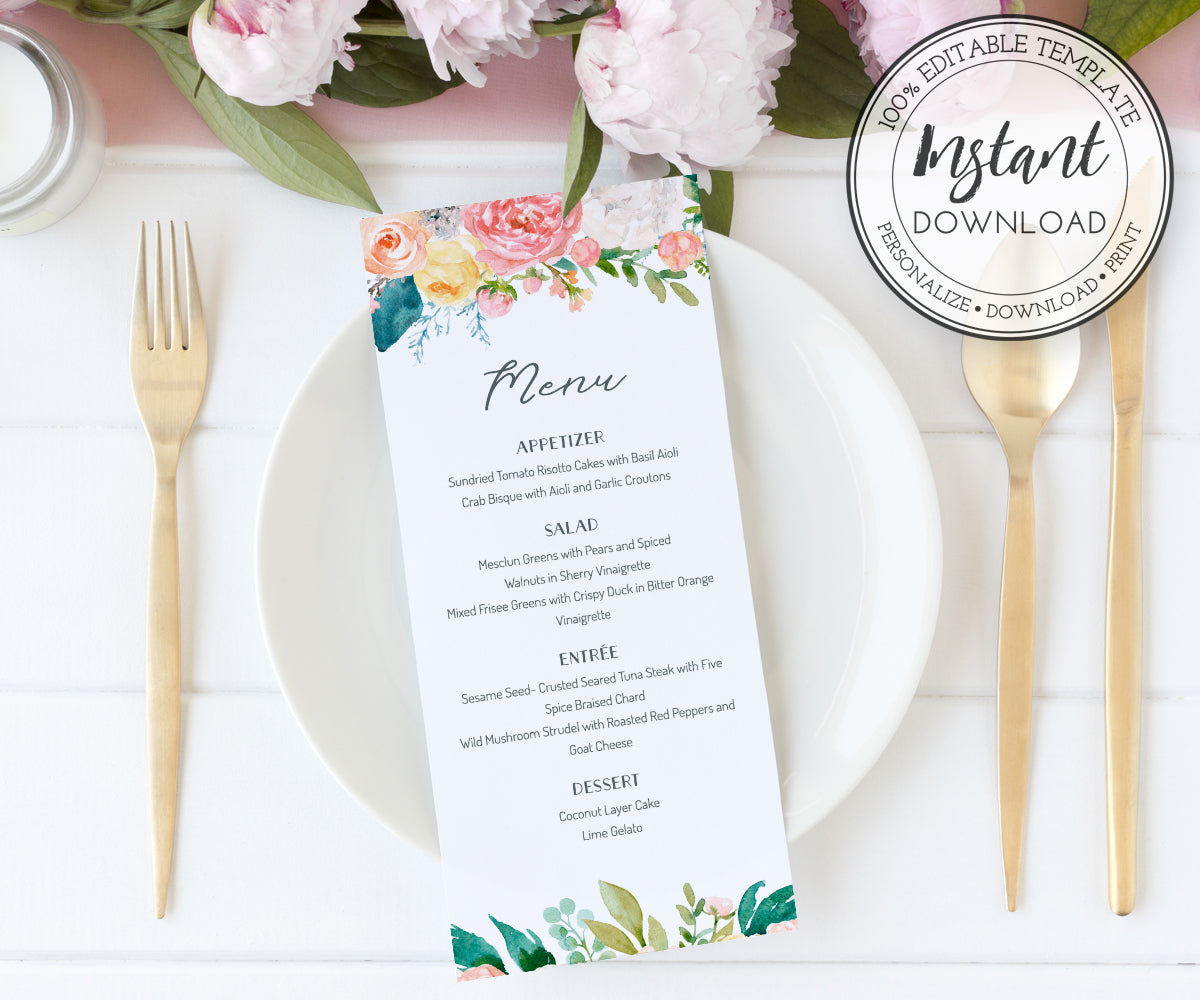 Floral Wedding Menu Editable Template 3.68 x 9 inches