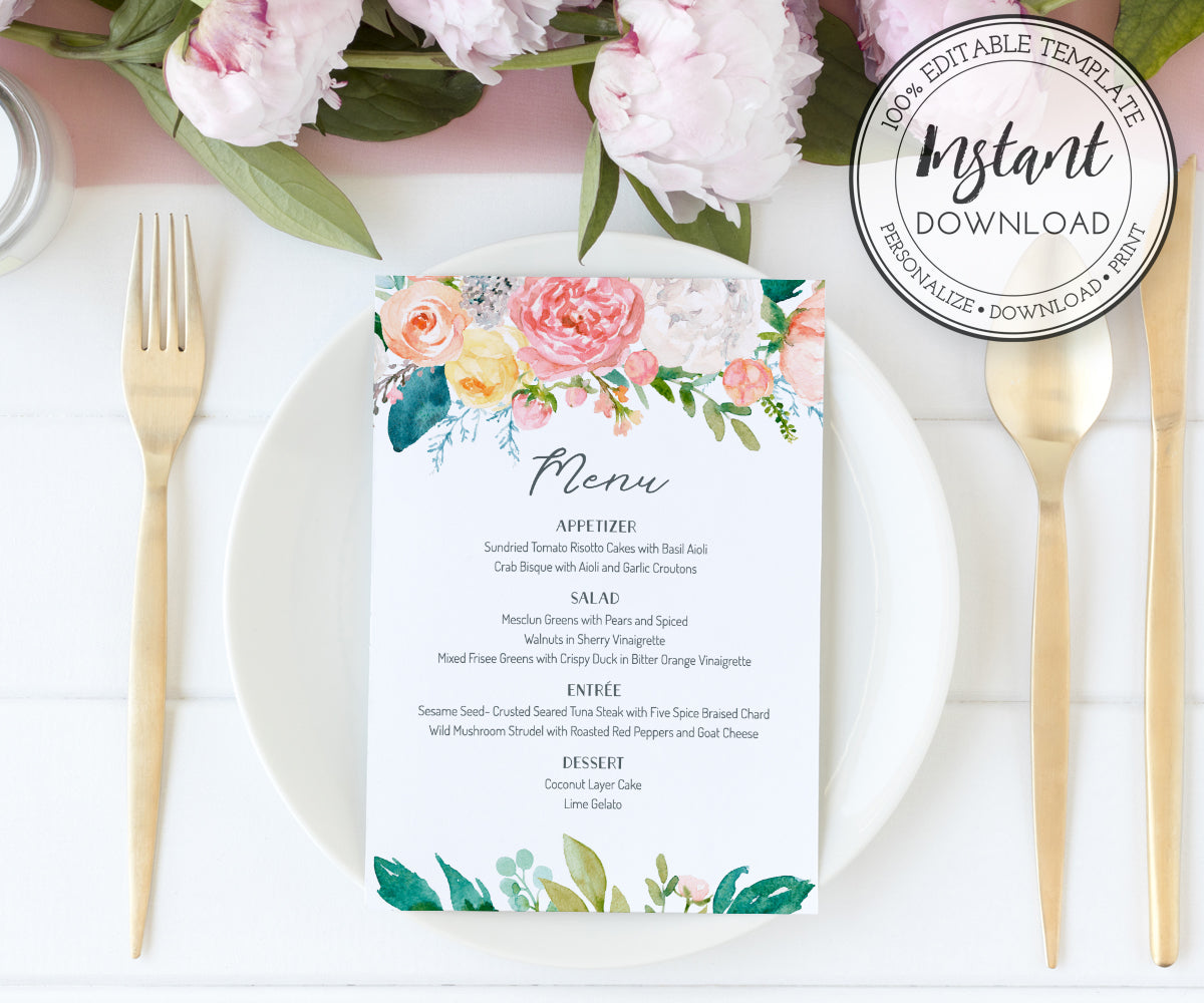 Floral Wedding Menu Editable Template 5 x 7