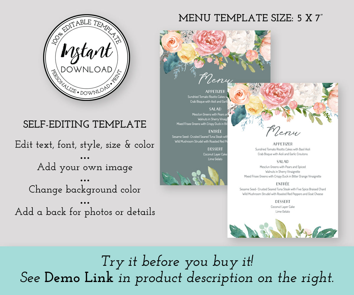 Floral Wedding Menu Editable Template 5 x 7 front and back