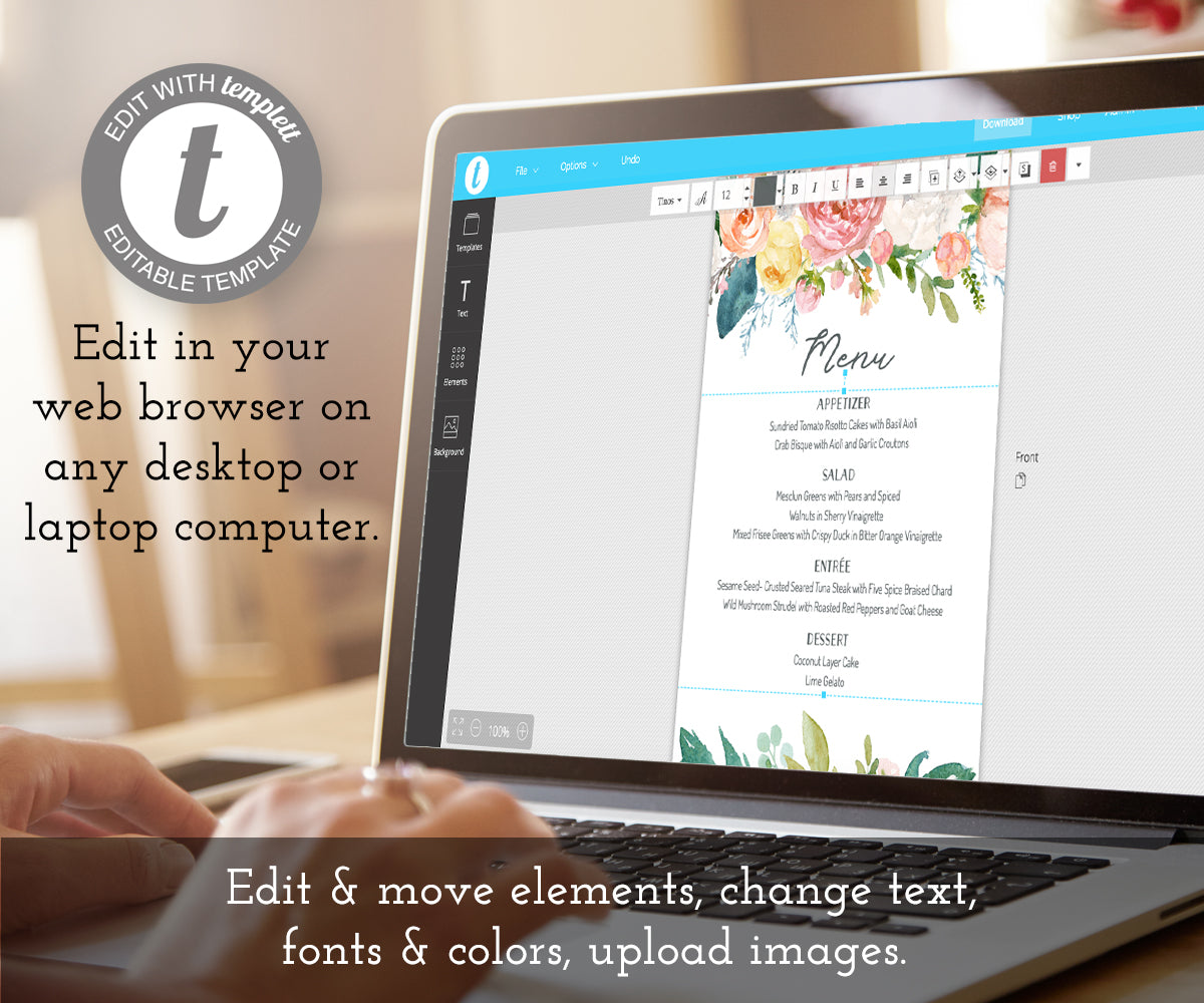 Floral Wedding Menu Editable Template 5 x 7 editing