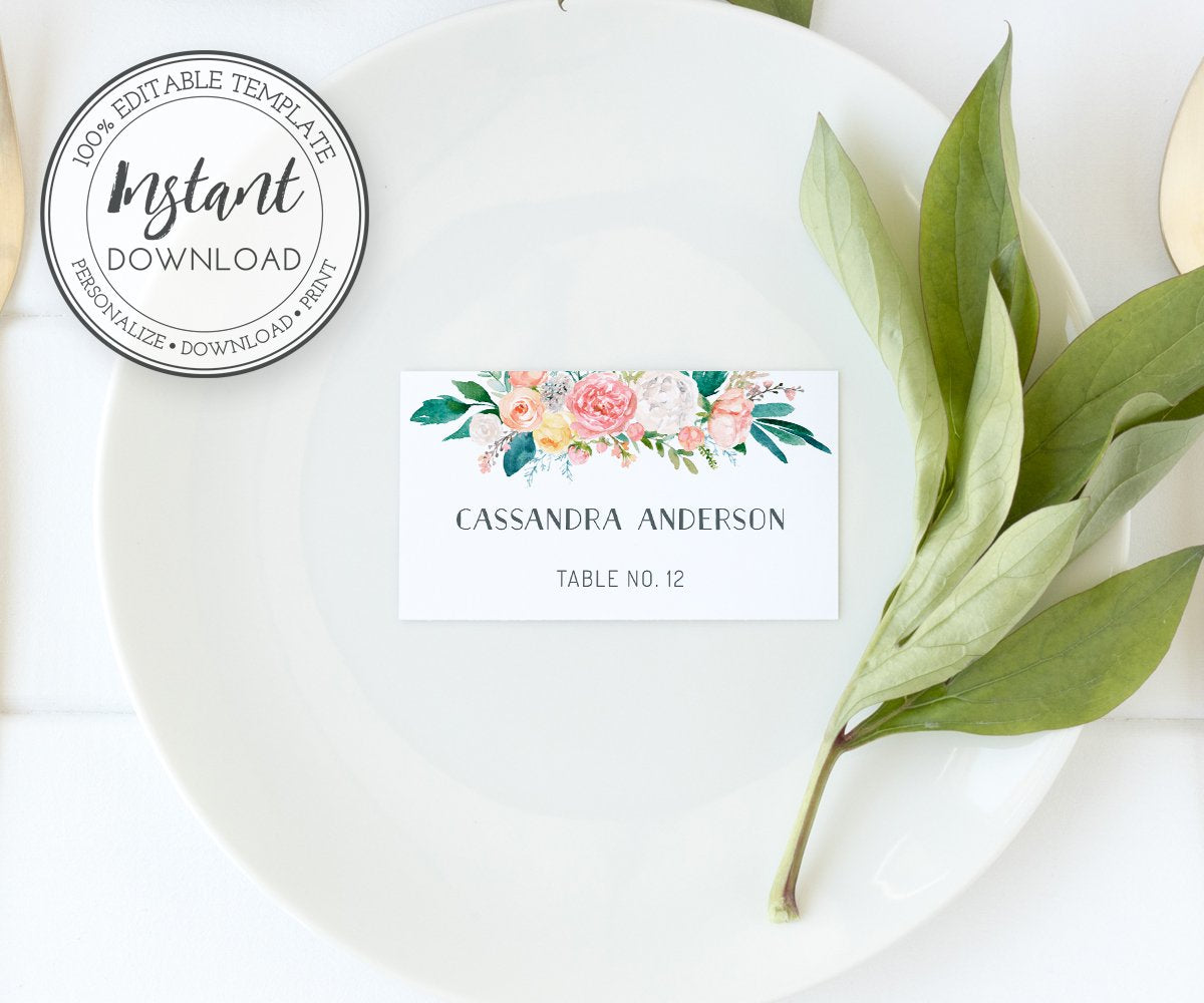 Pink Blush Floral Flat Wedding Place Card, Editable Template