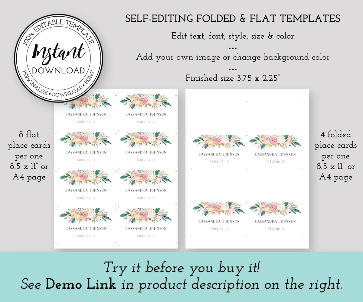 Pink Blush Floral Wedding Place Cards, Editable Template 