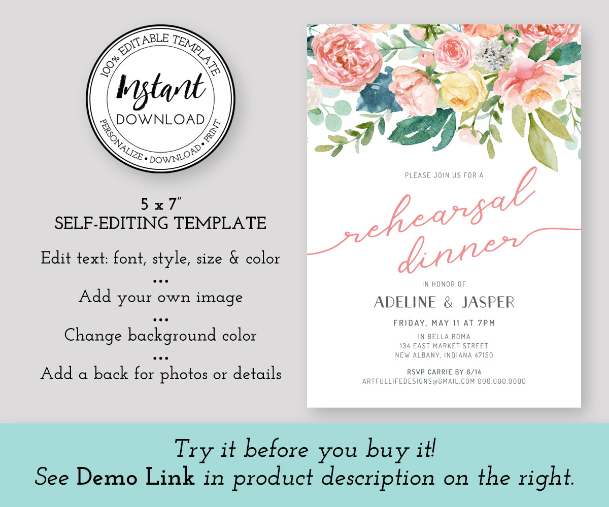 Pink blush floral wedding rehearsal dinner invitation template 5 x 7