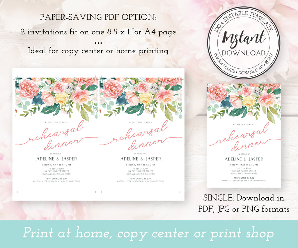 Pink blush floral wedding rehearsal dinner invitation template 5 x 7 paper saver options