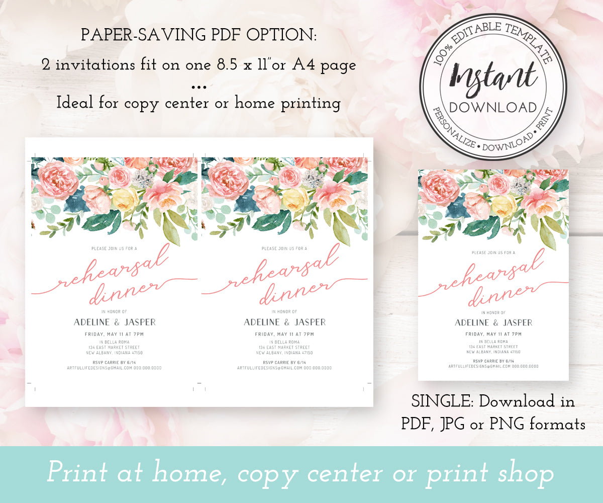 Pink blush floral wedding rehearsal dinner invitation template 5 x 7 paper saver options