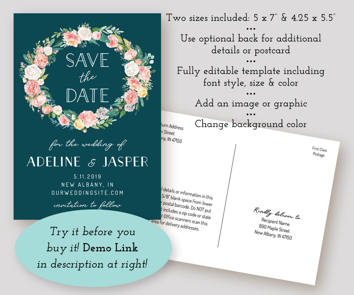 Save the Date card in two sizes with pink flower on teal background