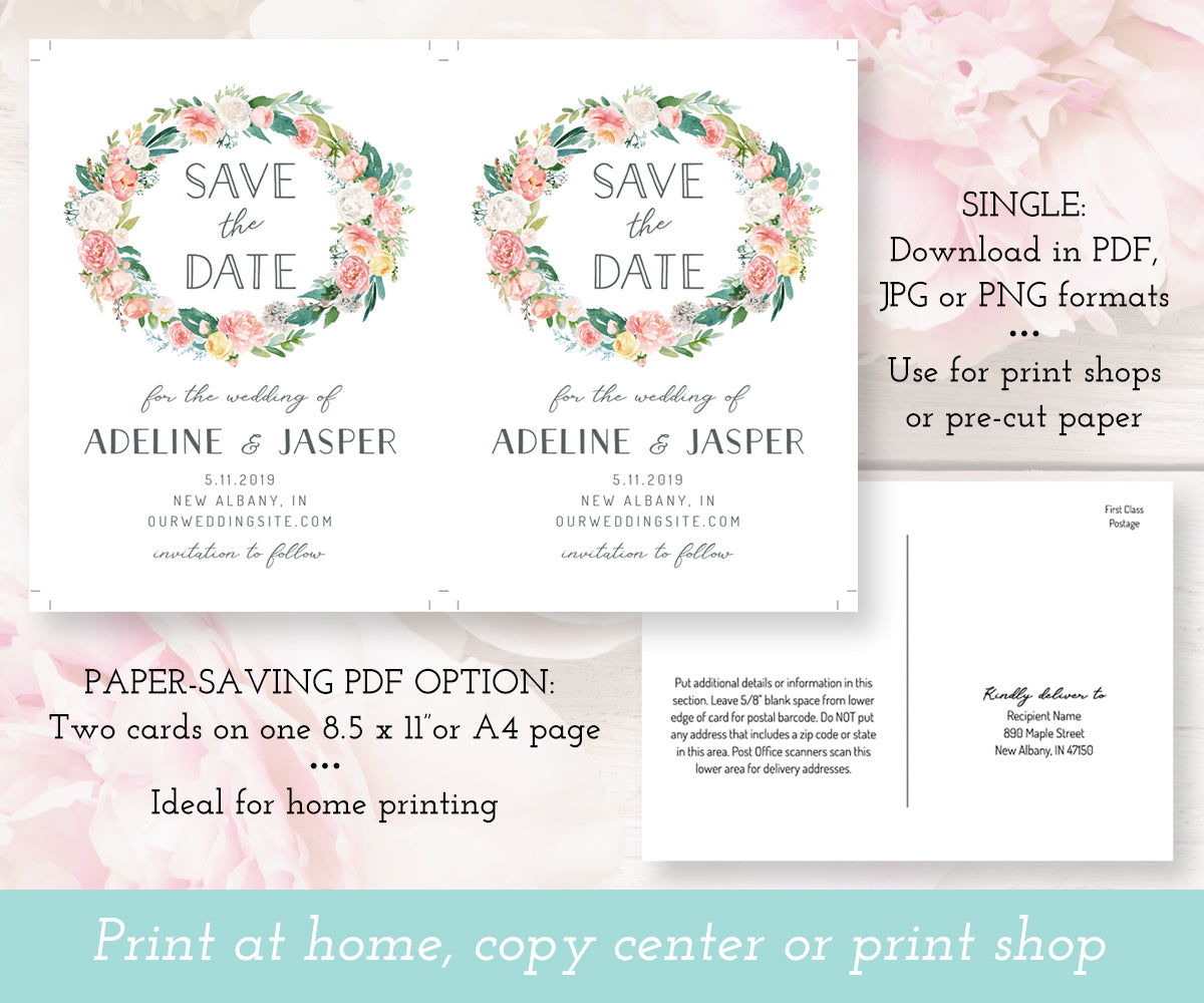 Pink Blush Floral Save the Date Card, 2 sizes, Template