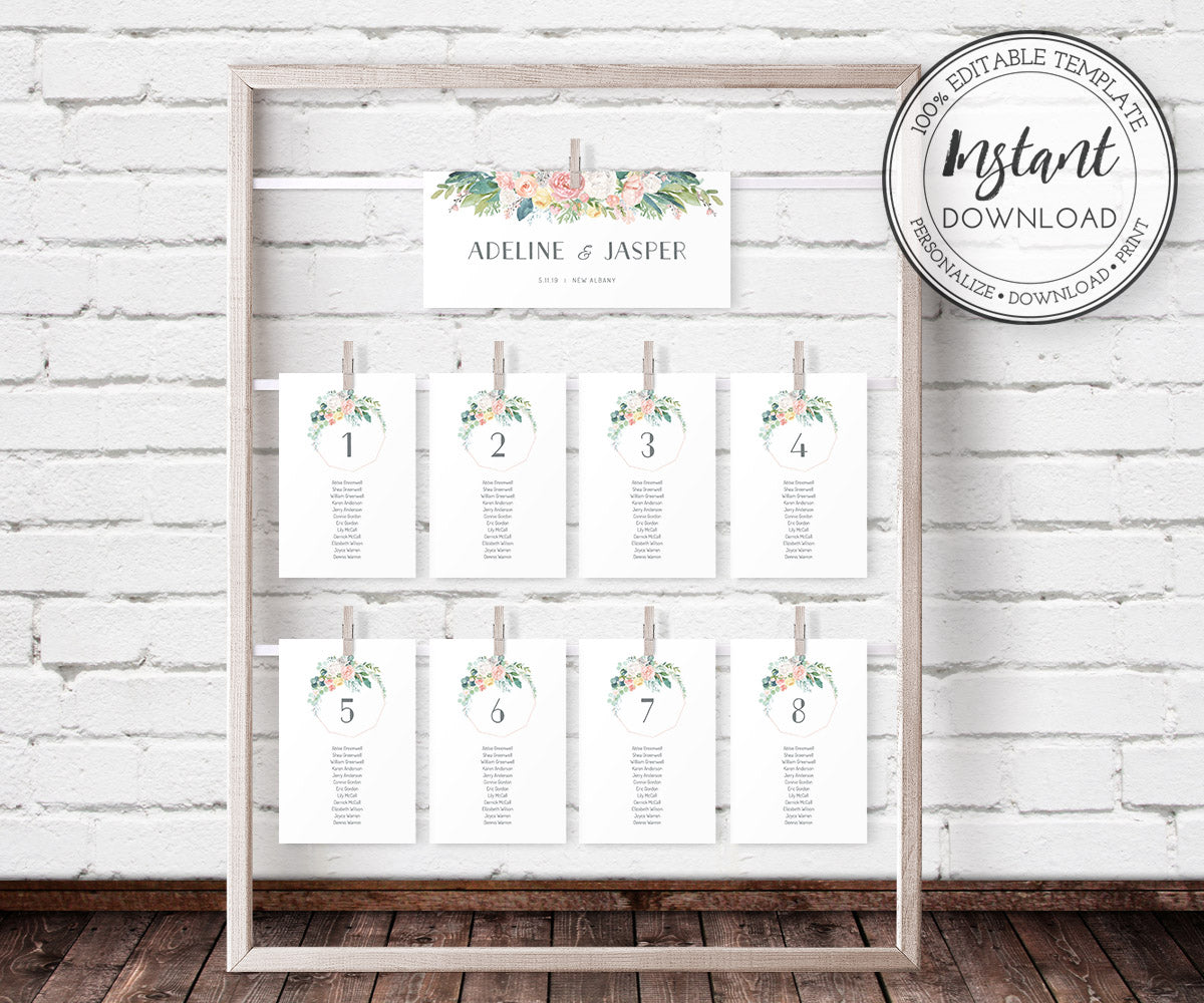 Pink Floral Wedding Seating chart with card on a display