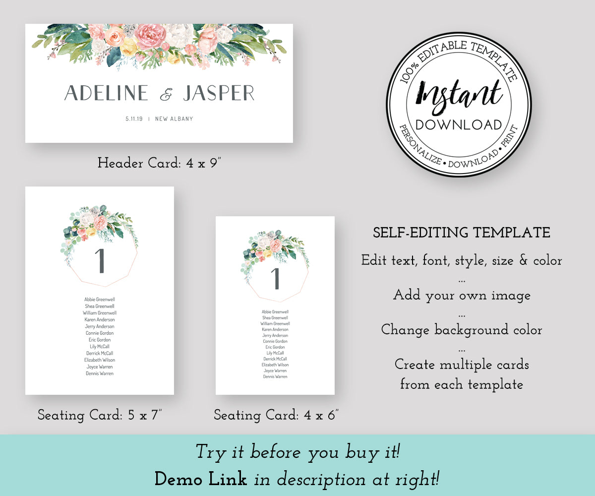 Pink Blush Floral Wedding Seating Chart, Seating Assignment Cards, Editable Template
