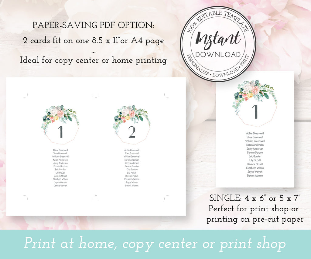 Pink Blush Floral Wedding Seating Chart, Seating Assignment Cards Template