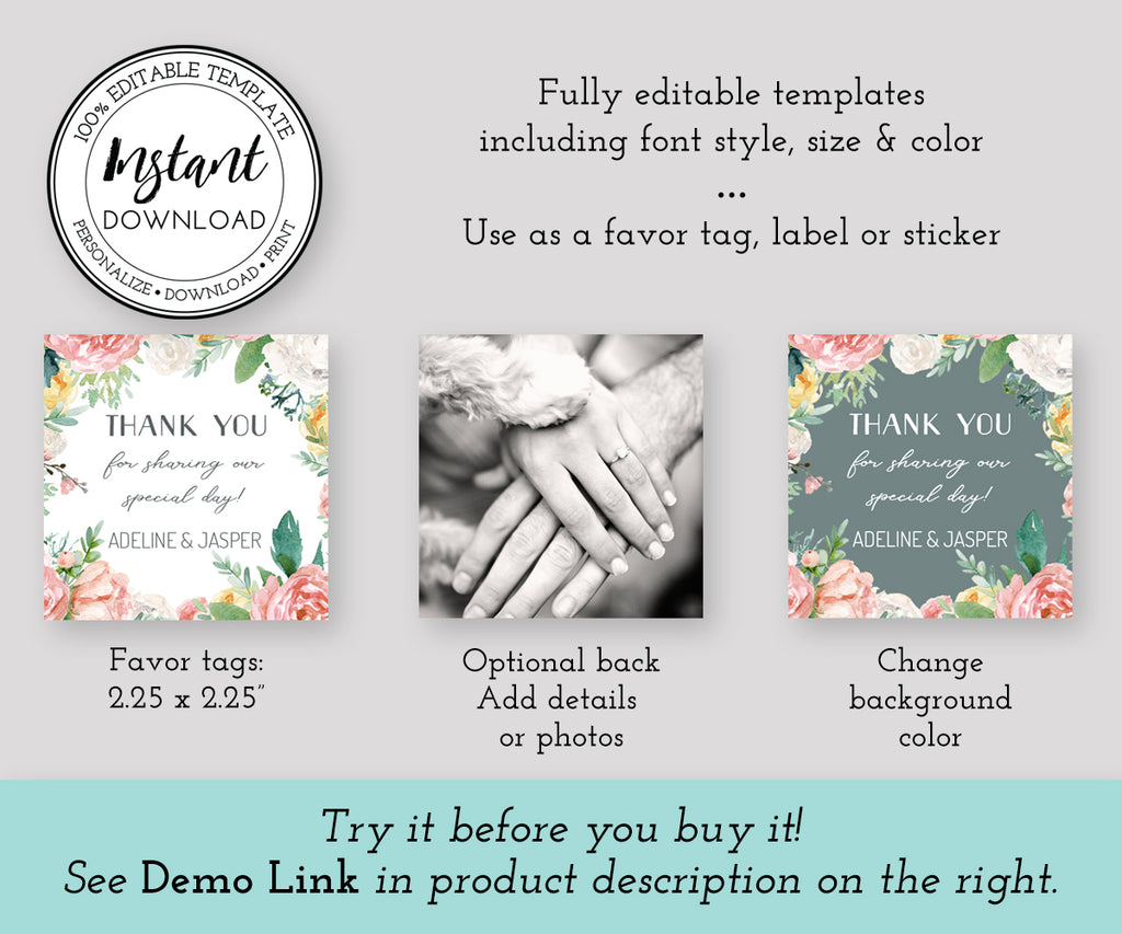 Floral Wedding or Shower Square Favor Tag shown front and back