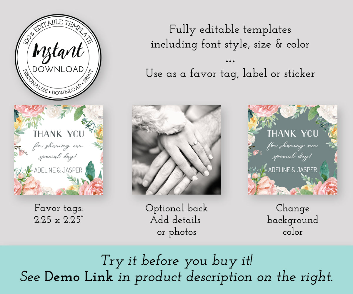 Floral Wedding or Shower Square Favor Tag shown front and back