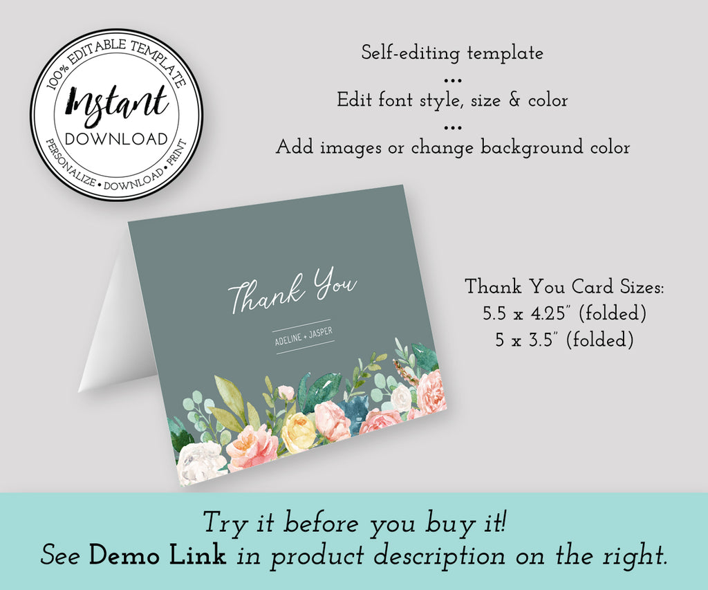 Floral wedding or shower thank you card editable template