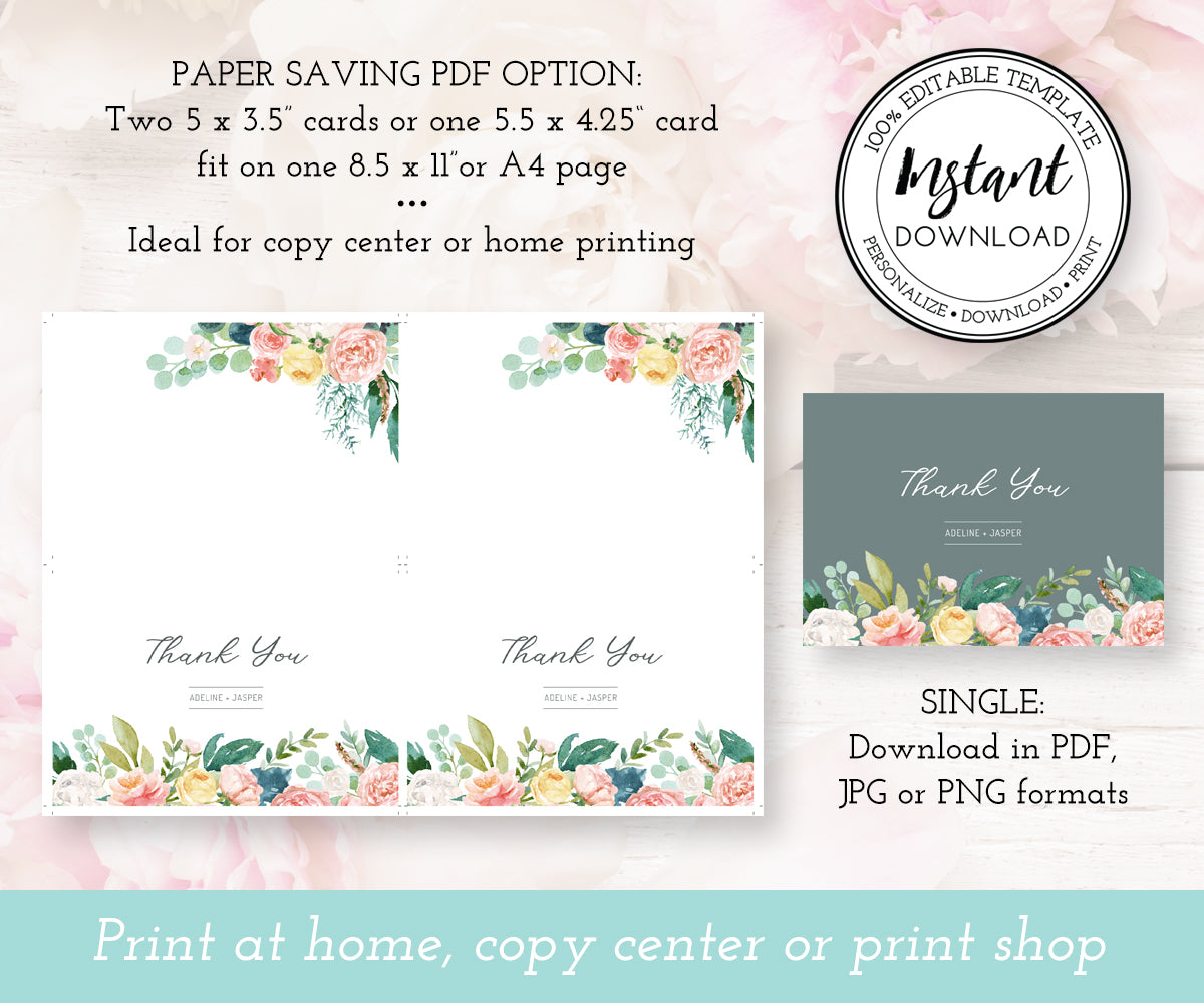 Download options for floral wedding thank you card, two per sheet and single card.