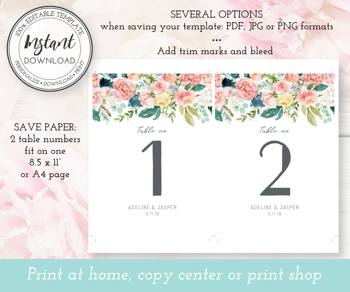 Pink floral table numbers, editable template for wedding or shower