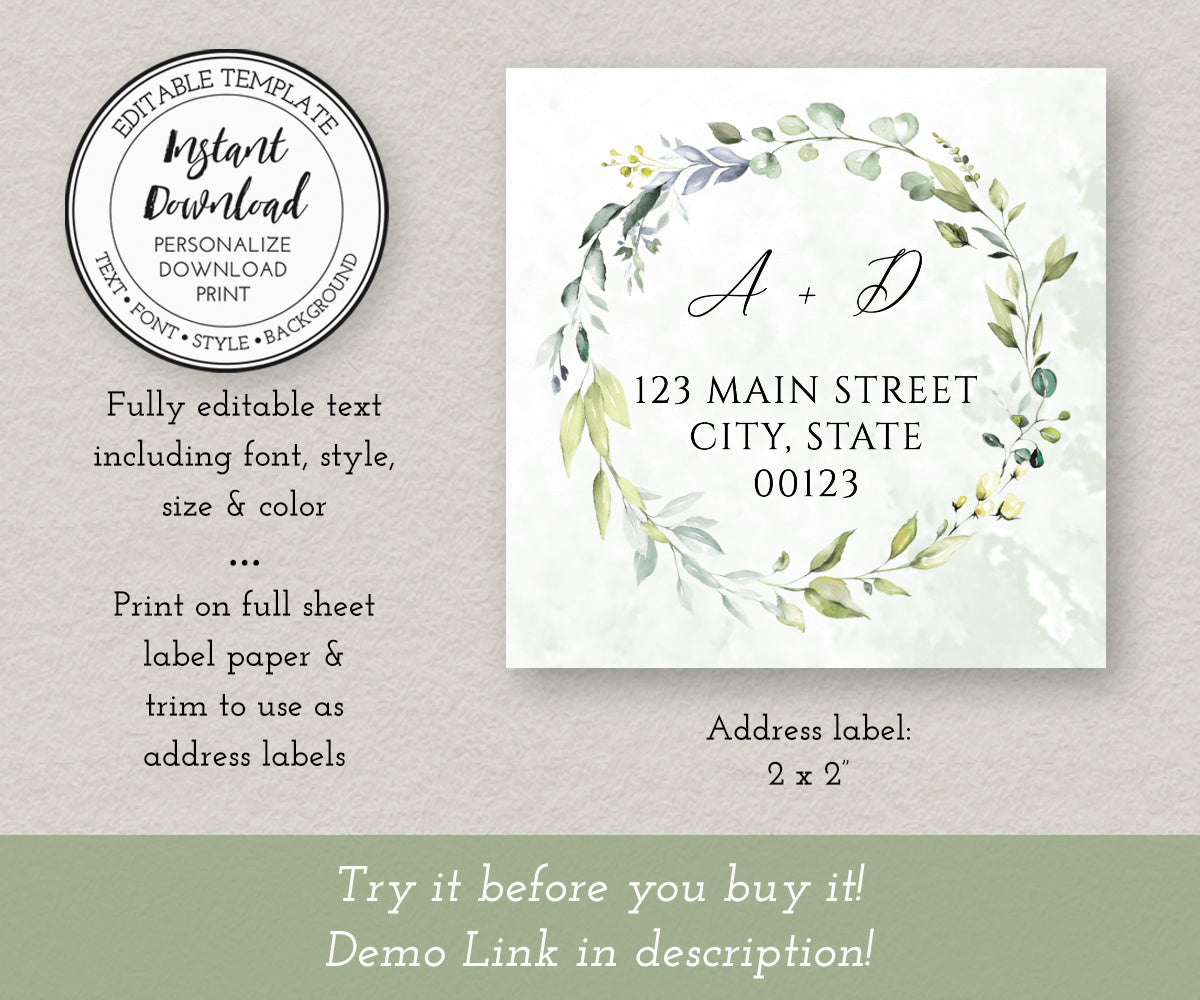 greenery wedding return address 2 x 2 inch label template
