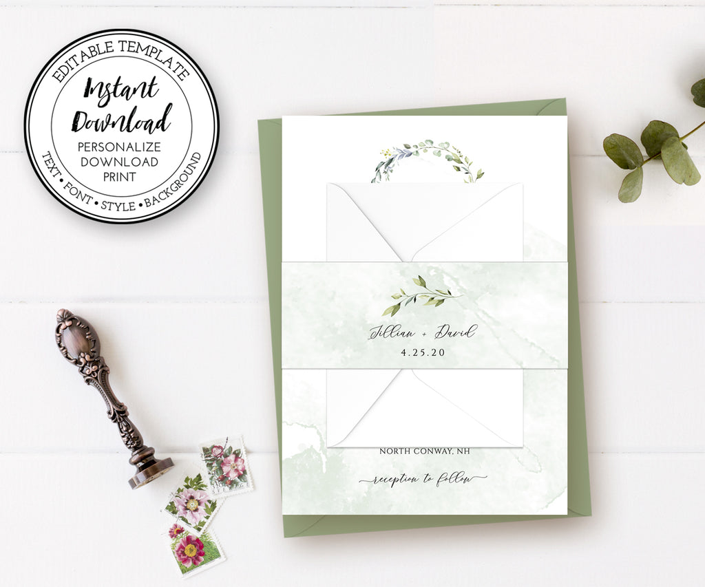 watercolor greenery personalized wedding invitation belly band wrapper