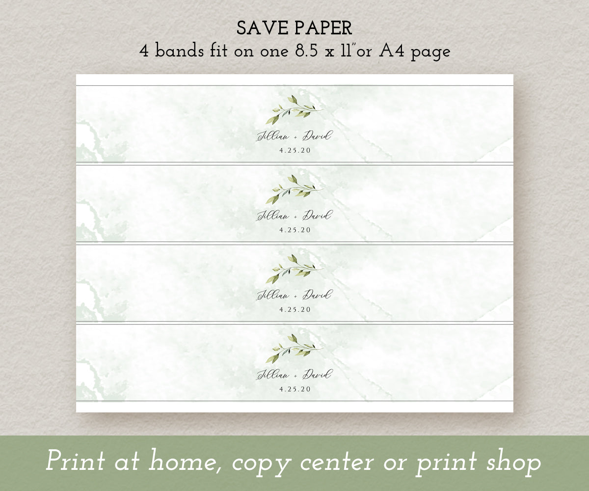 4 greenery wedding stationery belly band wrapper on a single sheet to save paper