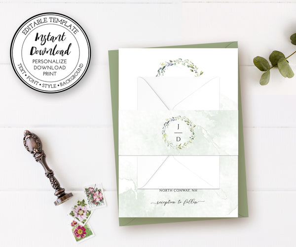 greenery wedding invitation wrapper belly band personalized with couples initials