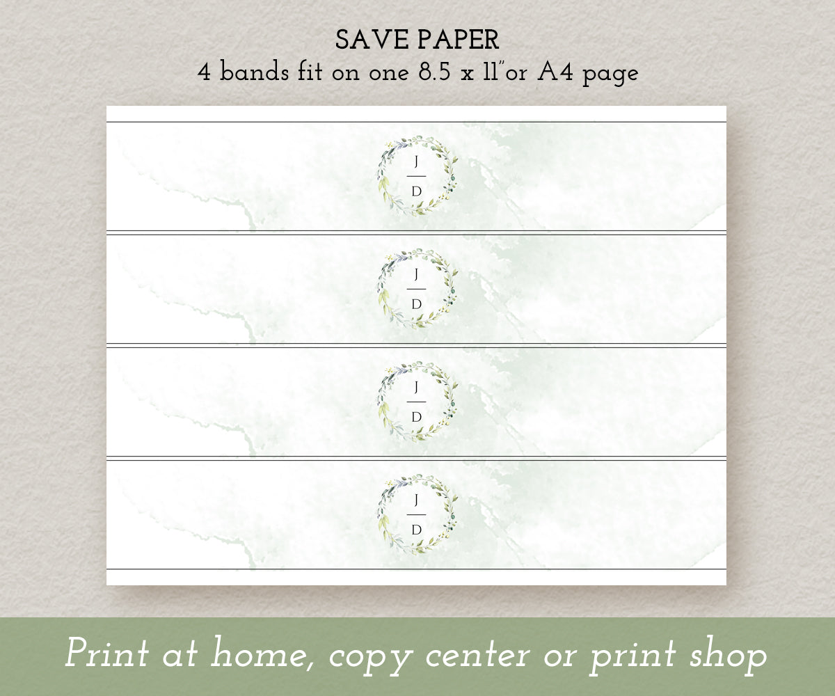 greenery wedding invitation belly band wrapper shown 4 wrappers on a sheet to save paper
