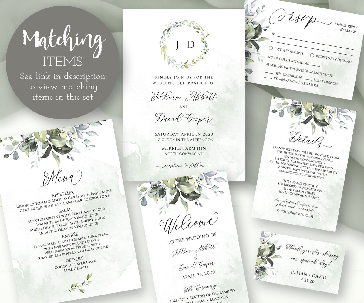 Watercolor Greenery Wedding Stationery Matching Items