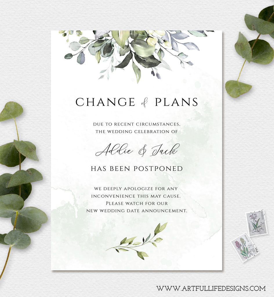 Greenery Change of Plans, Rescheduled Wedding 5 x 7 Card, Editable Template
