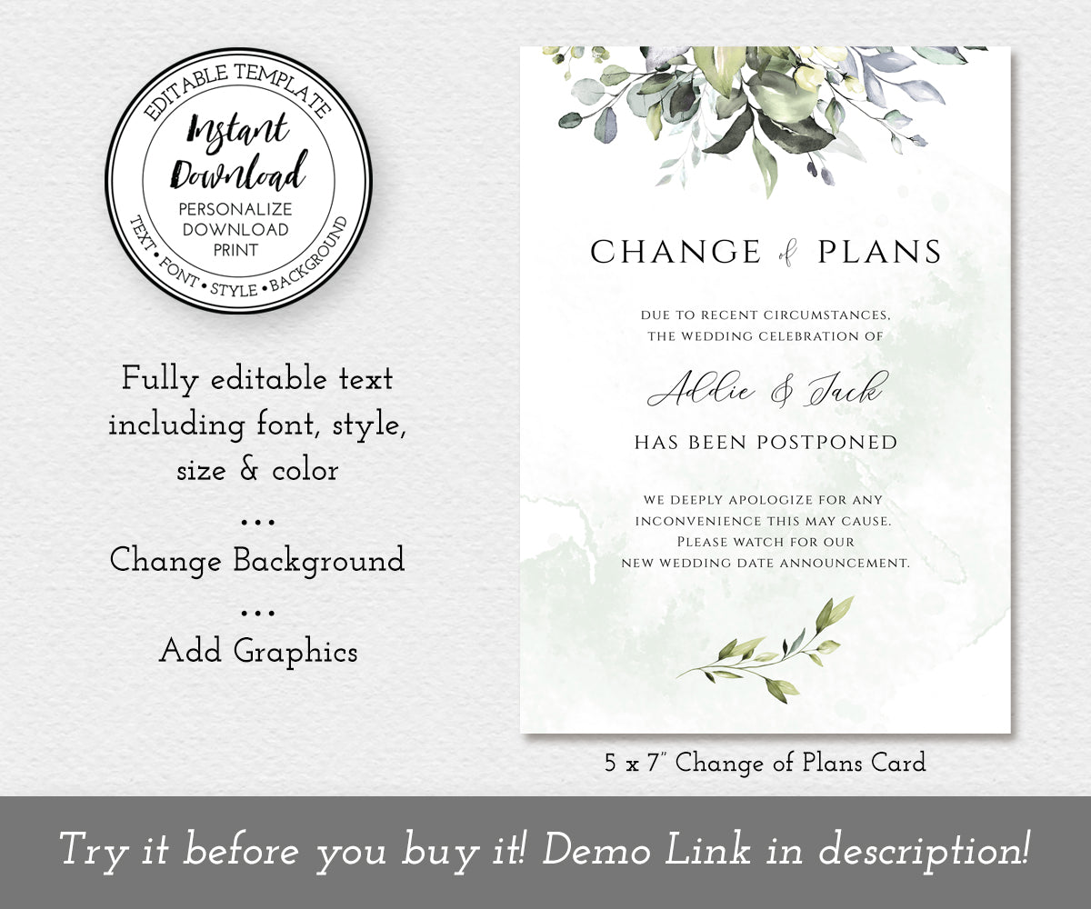 Greenery Change of Plans, Rescheduled wedding date card editable template