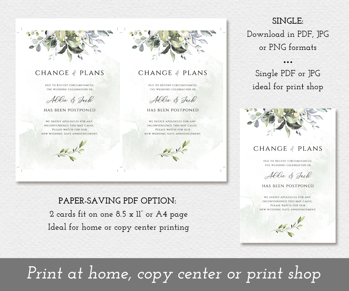 Greenery Change of Plans, Rescheduled wedding date card editable template, download options