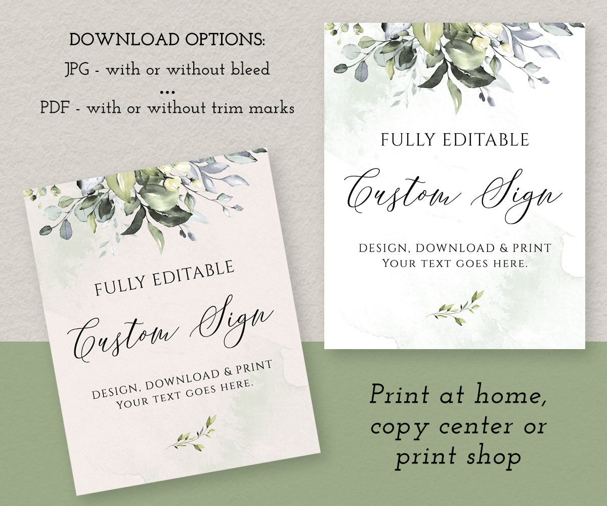 Download options for 8 x 10 inch editable greenery custom sign template