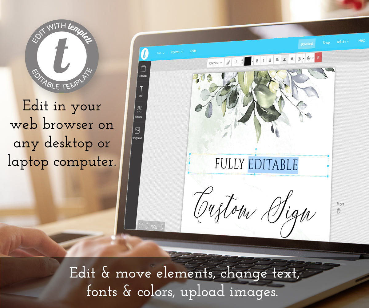 8 x 10 inch editable custom sign for weddings, showers or special events, shown editing on computer