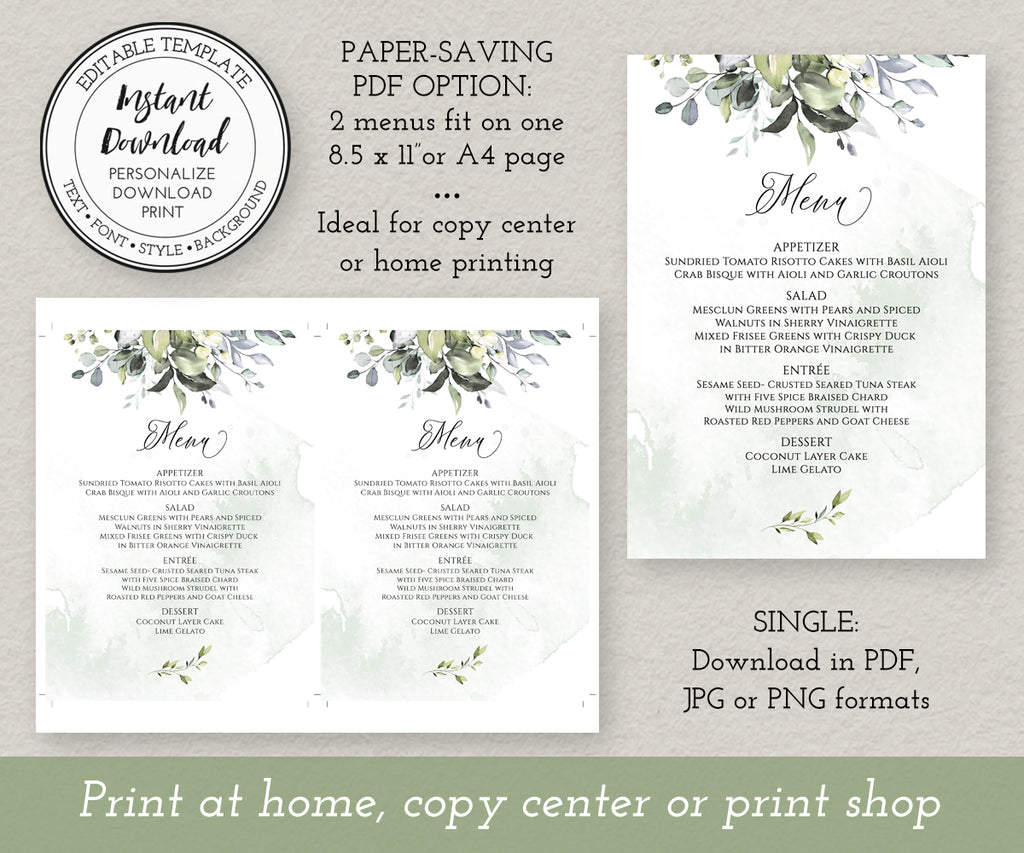 Download options for 5 x 7 greenery wedding menu shown as a single and 2 on a page