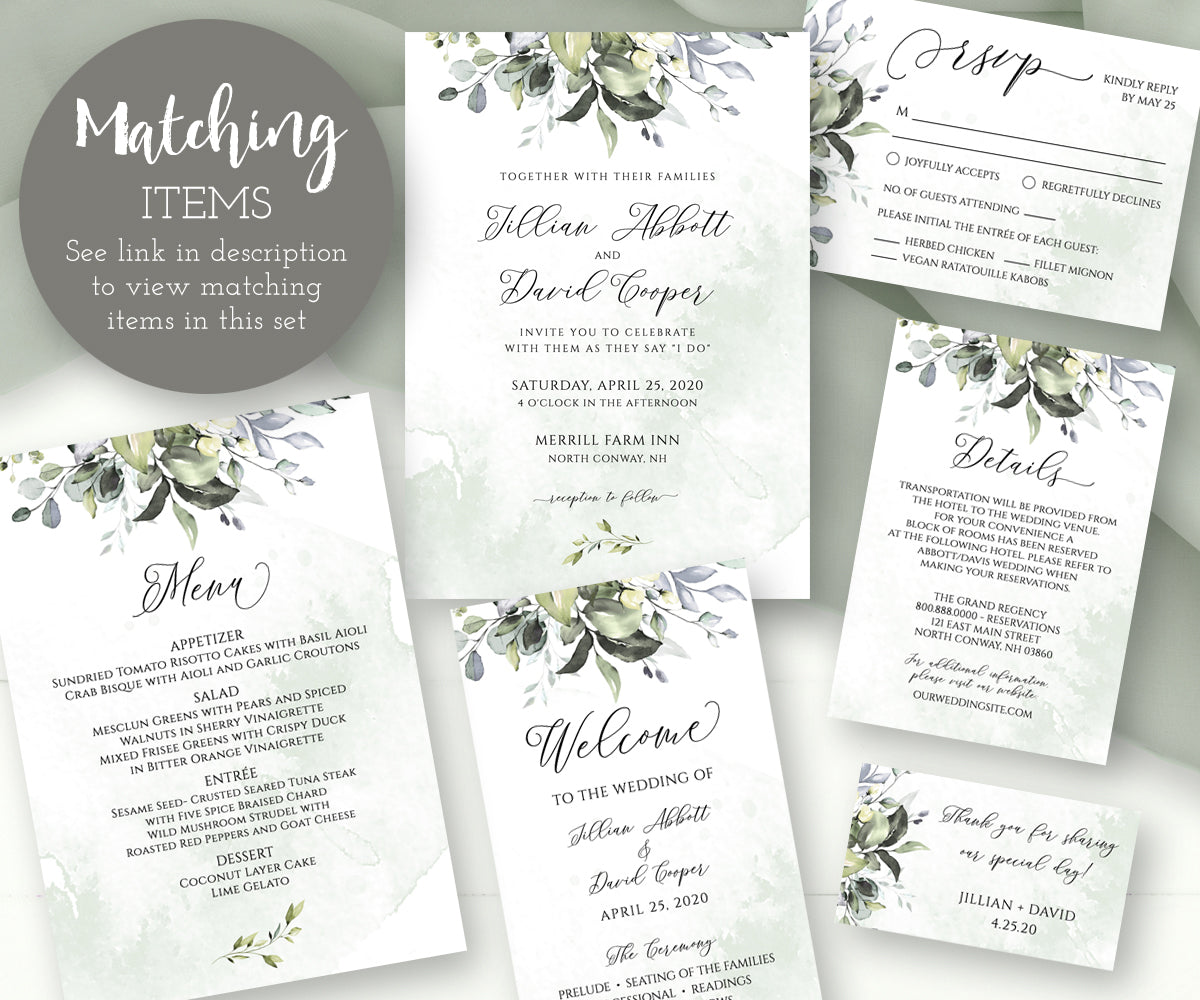 W103 Greenery wedding stationery matching items
