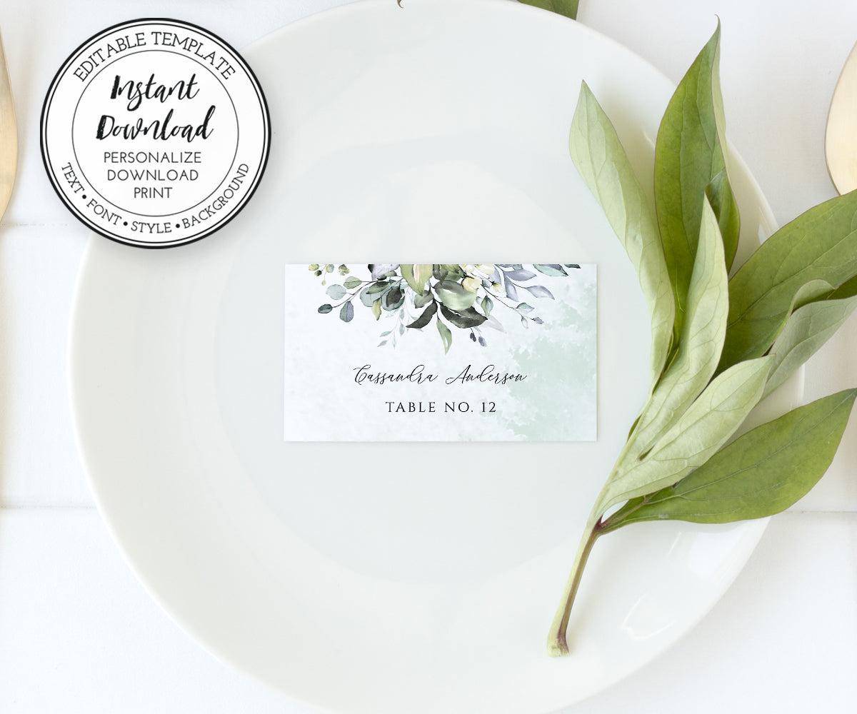 Place Card Template, Watercolor Greenery Flat Name Card