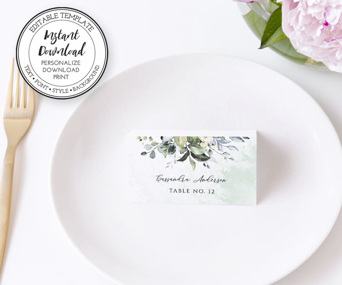 Place Card Template, Watercolor Greenery Folded Name Card