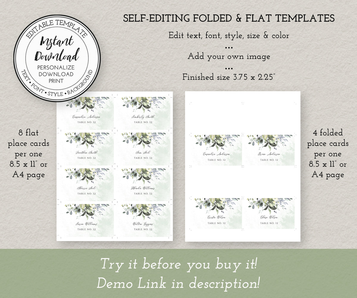Place Card Template, Watercolor Greenery Flat or Folded Name Card Download Options