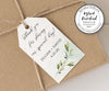 2 x 3.5 inch wedding favor tag with greenery design shown on package
