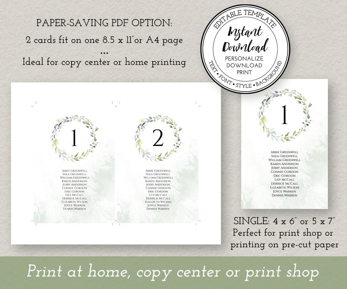 Download options for greenery wedding seating chart cards, shown with 2 on a page and as a single