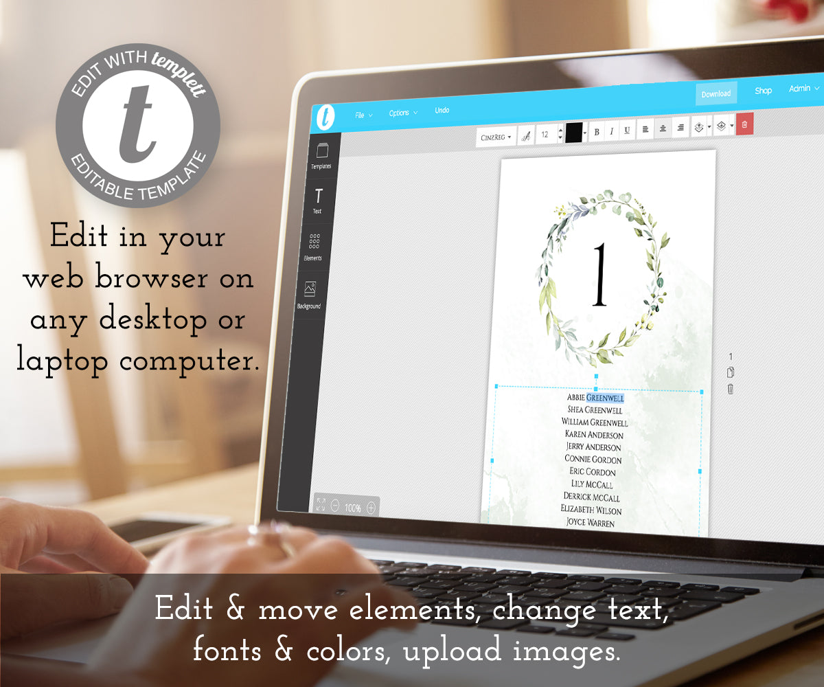 greenery wedding seating chart card being edited on computer