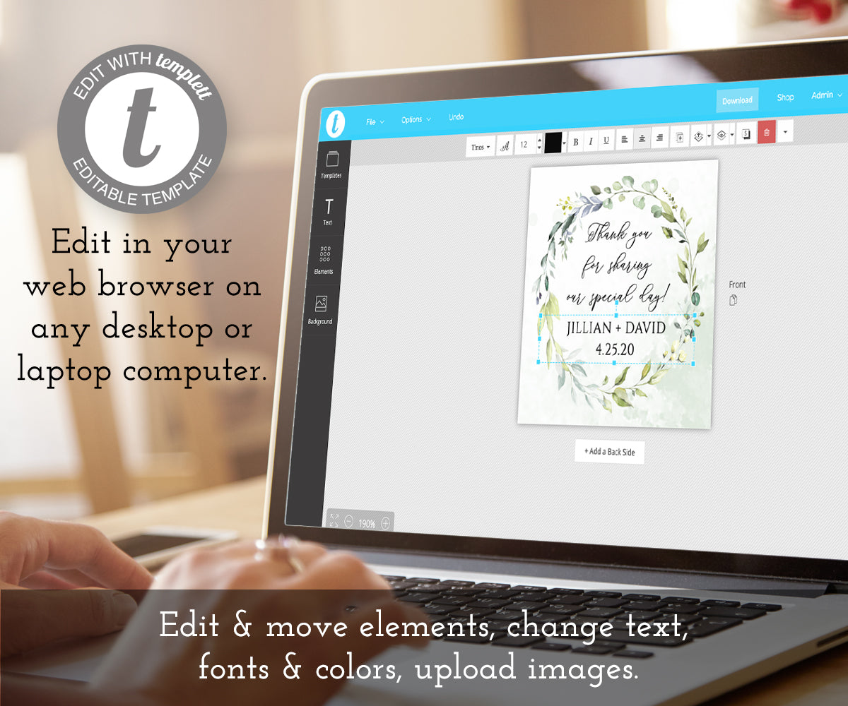 Greenery wedding tag template being edited on a computer