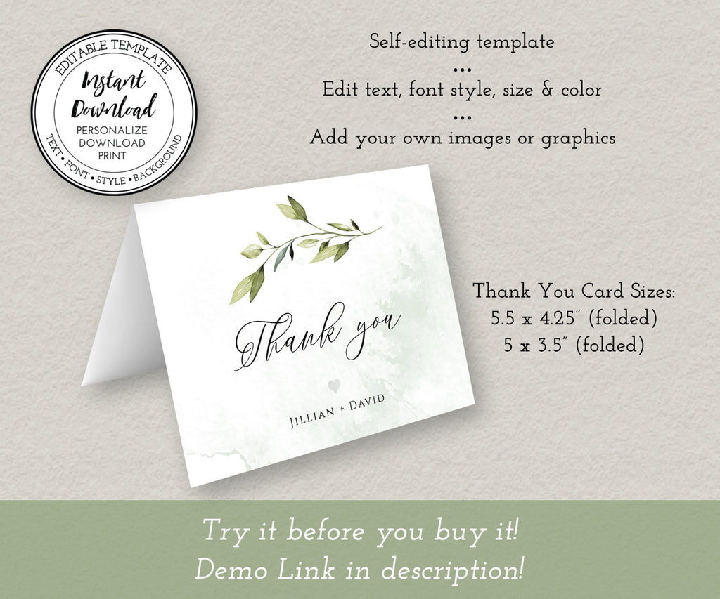 Greenery thank you card template, two sizes included