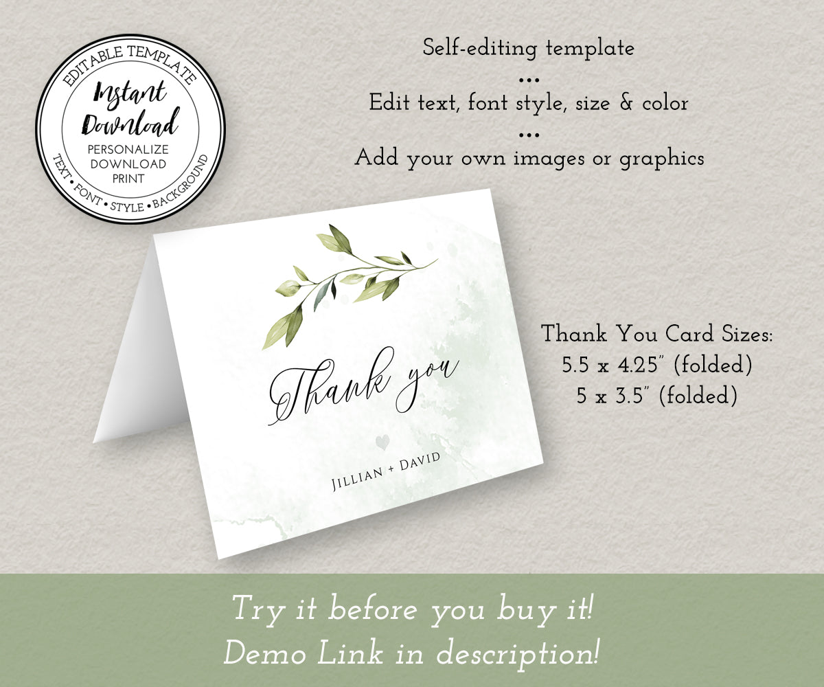 Greenery wedding folded thank you card template, two sizes included.