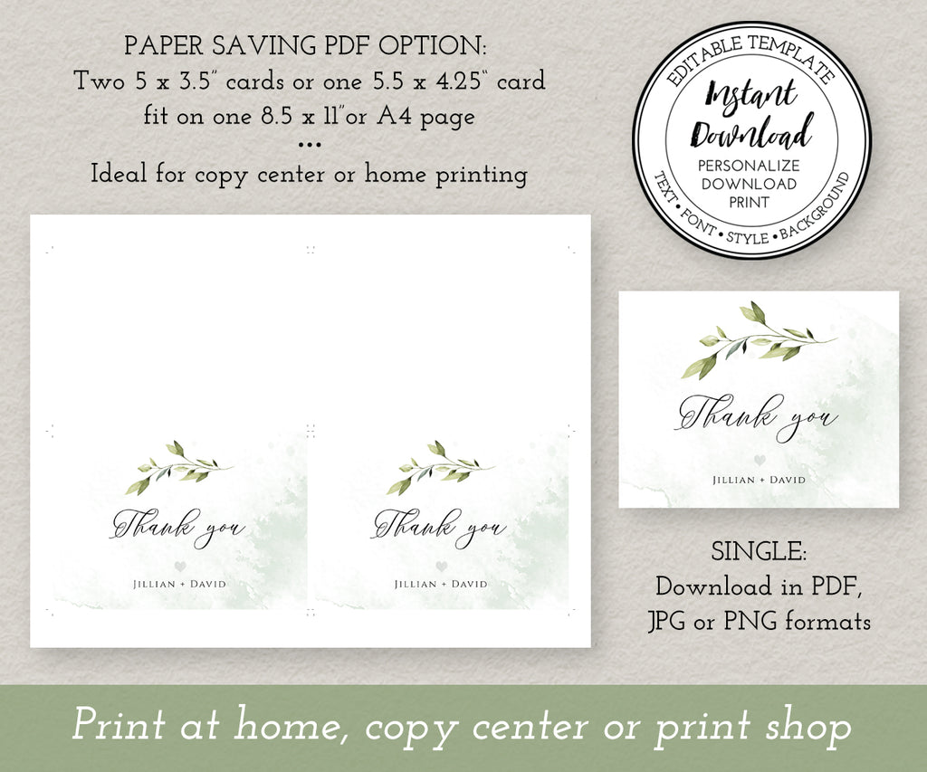 Paper saver or single download options for greenery thank you card printables